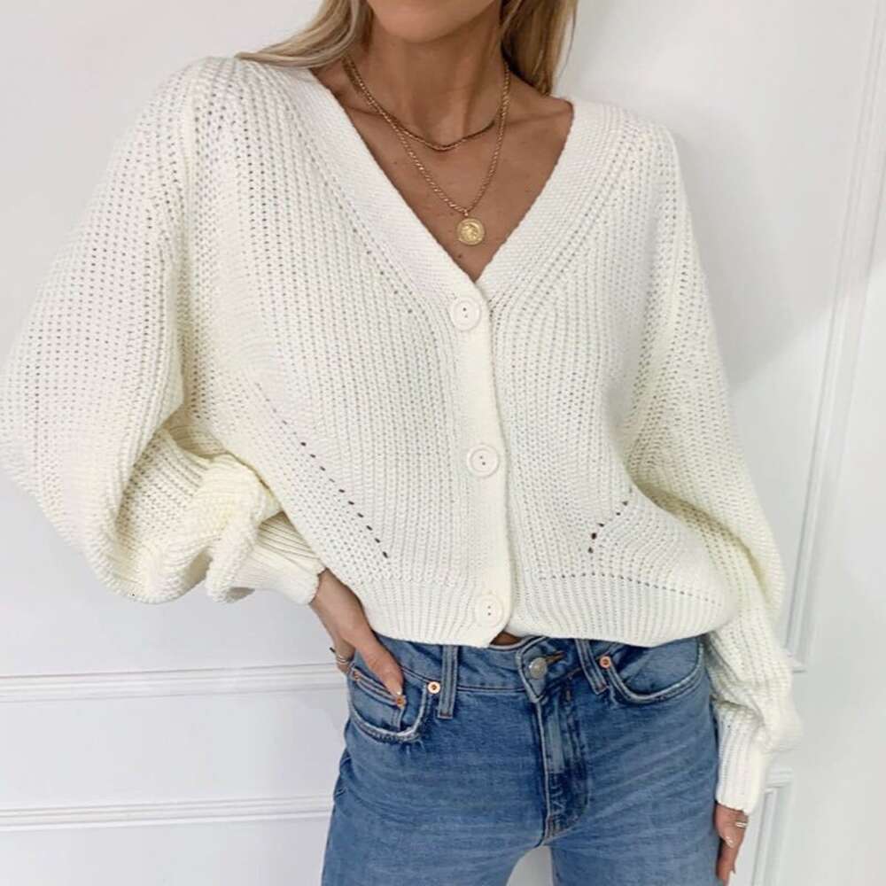 2024 New Sweater Women's Solid V-neck Lantern Sleeve Button Knitted Cardigan
