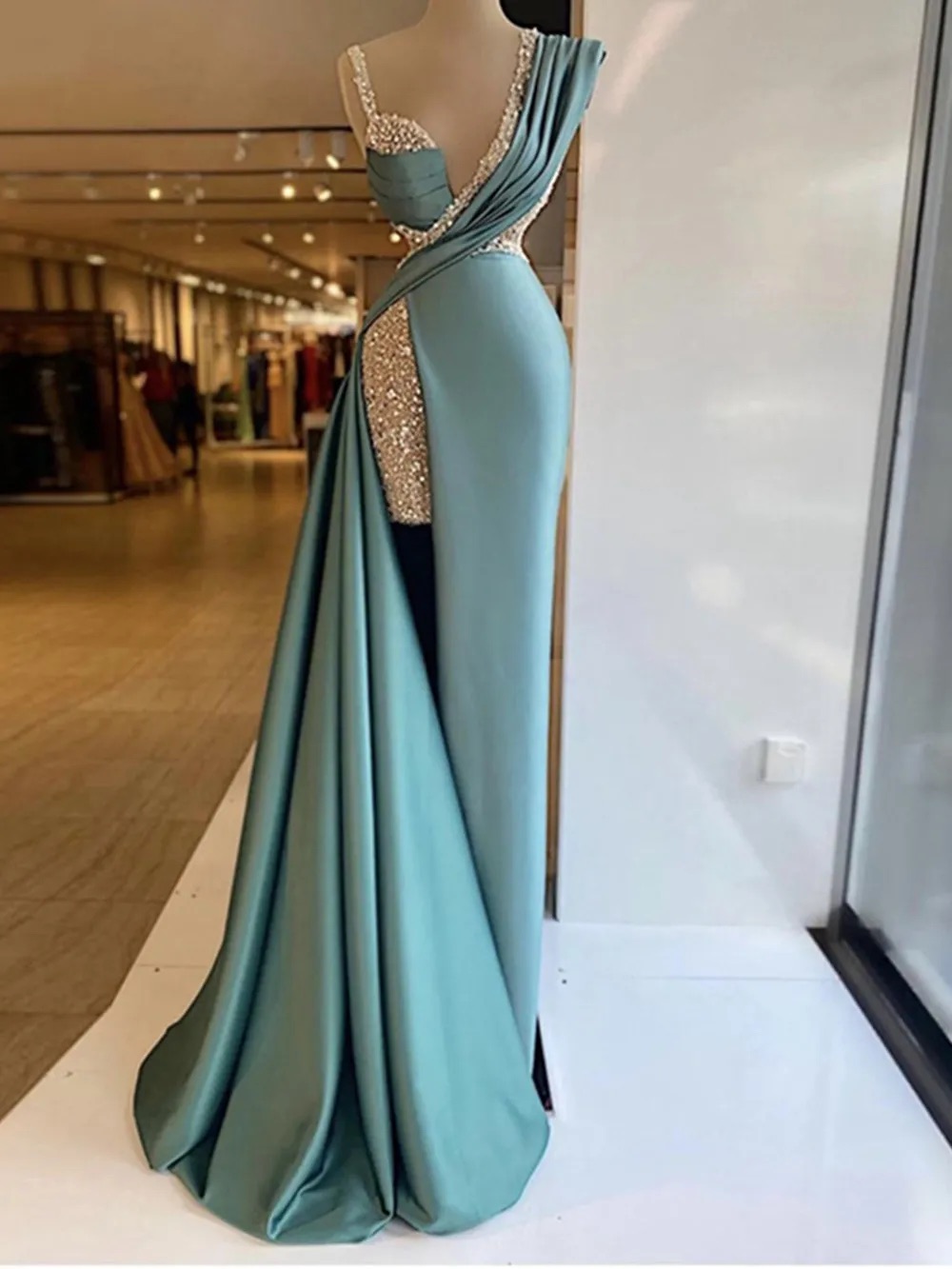 Stunning Mermaid Evening Dresses V Neck Dubai Glitter Robe De Soiree Split Arabic Prom Dress Women Party Gowns Lz0304