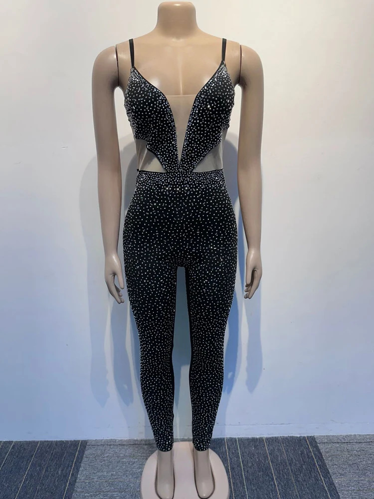 Beyprern Beautiful Sheer Mesh Patchwork Crystal Jumpsuit Women Glam Fitted Diamonds Rompers Overalls Birthday Outfits Clubwear 240315