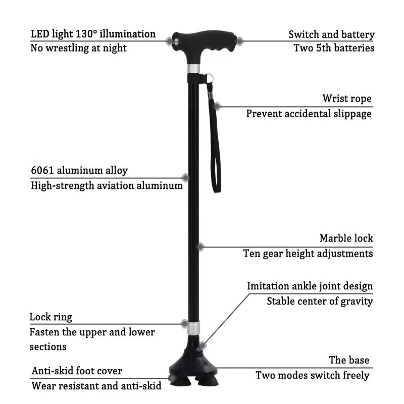 Nonslip Walking Sticks For The Elderly Retractable Aluminum Alloy Multifunctional Cane With Led Light Old Men Crutch 240306