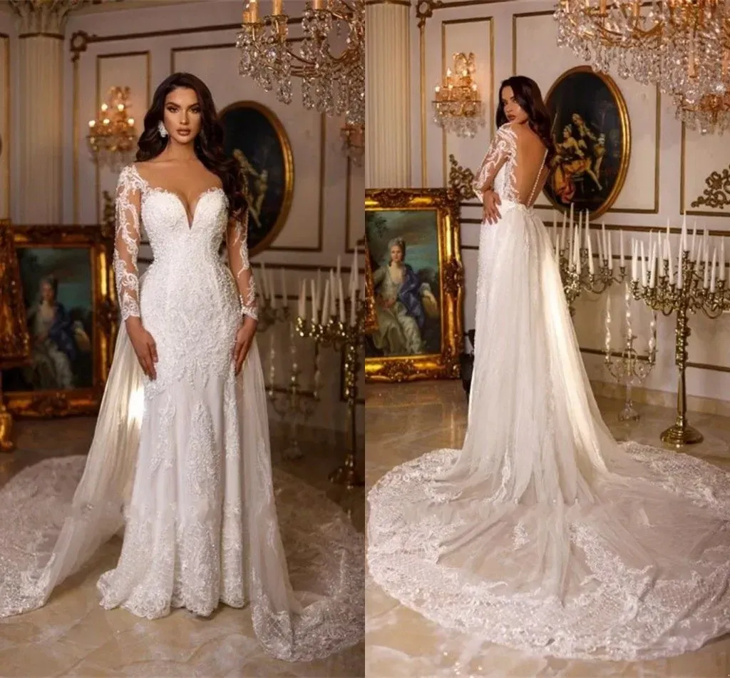 Gorgeous Lace Mermaid Wedding Dresses Detachable Skirt Sexy Sheer Backless with Buttons Apploques Beads Sweetheart Bridal Gowns Dubai Arabic Custom BC