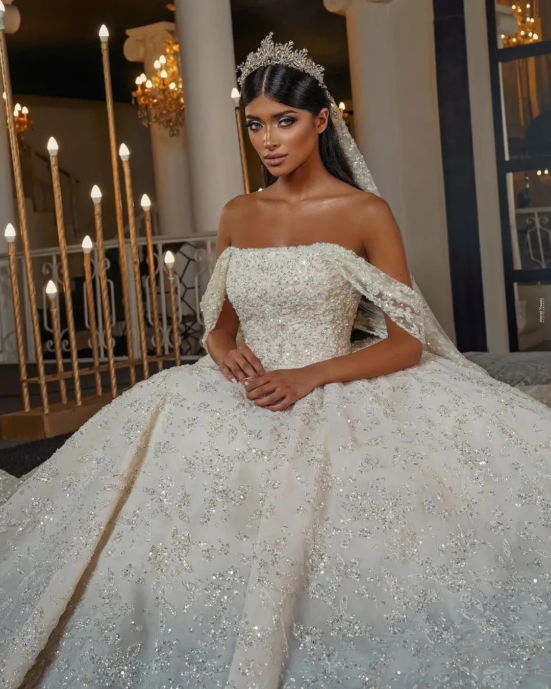 Urious Arabic Wedding Dress Off The Shoulder Crystal Ball Gown Bridal Gowns Long Train Princess Robe Mariage S 6660306