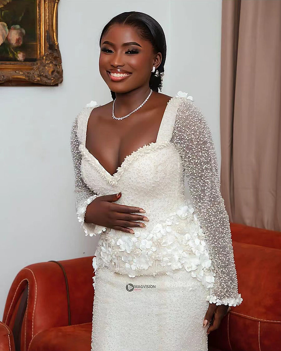 Wedding Mermaid Dresses Pearls Long Sleeve Beaded Flowers Stain Strapless Bridal Gwon Customized Arabic Aso Ebi