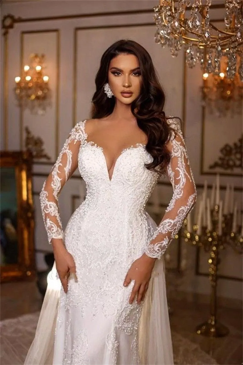 Gorgeous Lace Mermaid Wedding Dresses Detachable Skirt Sexy Sheer Backless with Buttons Apploques Beads Sweetheart Bridal Gowns Dubai Arabic Custom BC