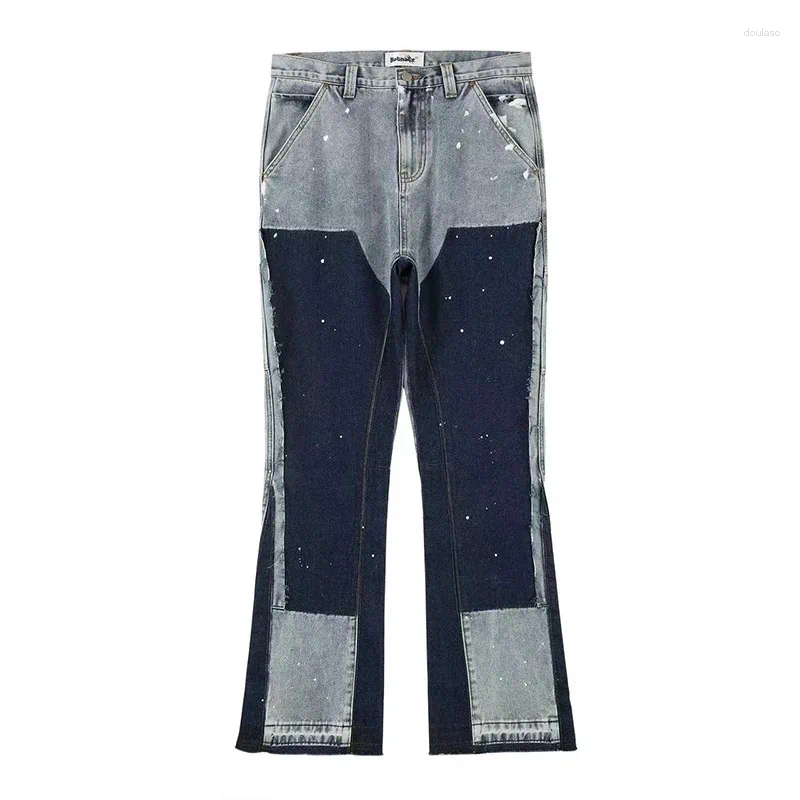 Men's Jeans European Ink Sprayed Flared For Men Contrast Color Looen Fit Streetwear Denim Clothes Open Hem Male's Baggy Pants