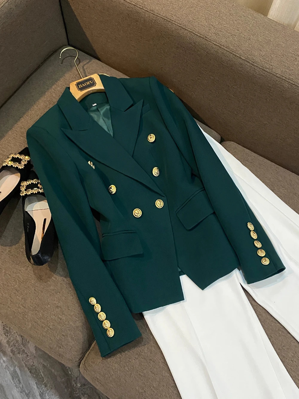 JUNE LIPS AllMatch Dusty Pink Green Blue Nude Black Blazer Jacket Womens Gold Buttons Double Breasted XS5XL 240318
