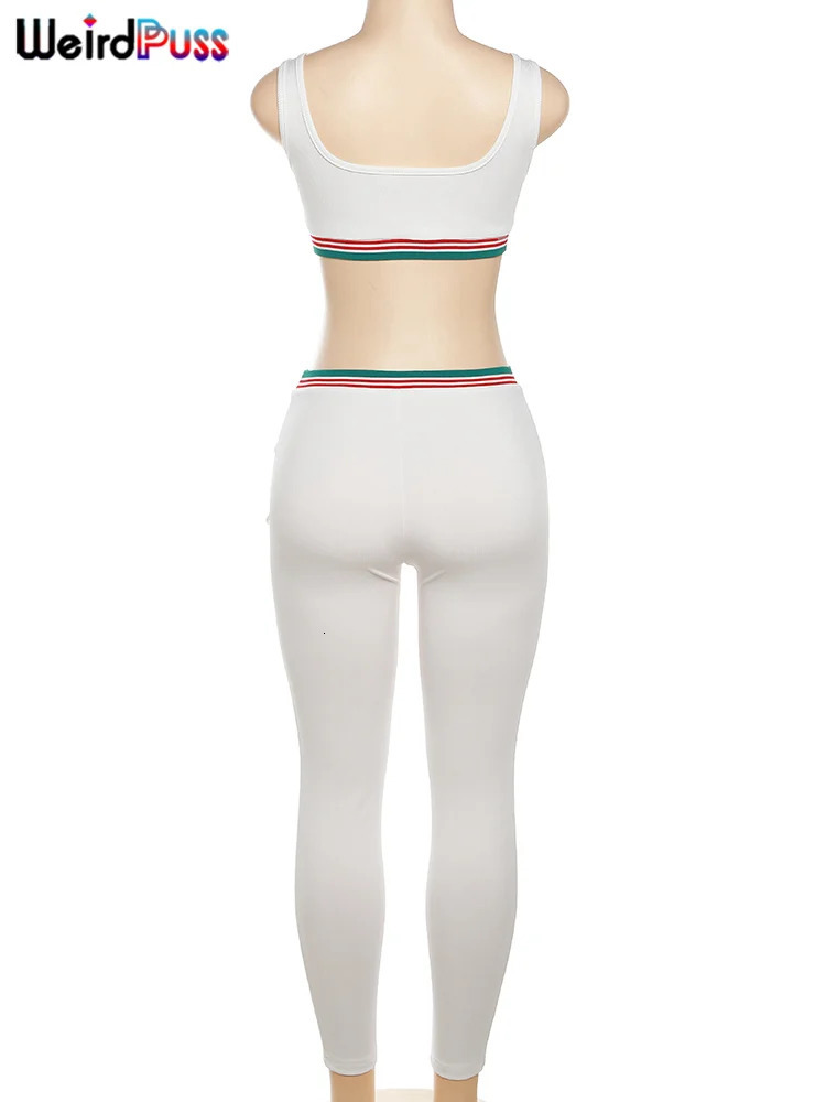 Weird Puss Ribbed Tracksuit Women 2 Piece Set Elastic Summer Sporty Tank TopsLeggings Casual Streetwear Matching Skinny Outfits 240321