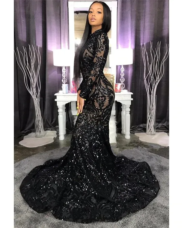 Neck High Shiny Appliques Black Girl Prom Dresses Mermaid Long Sleeve Evening Gowns
