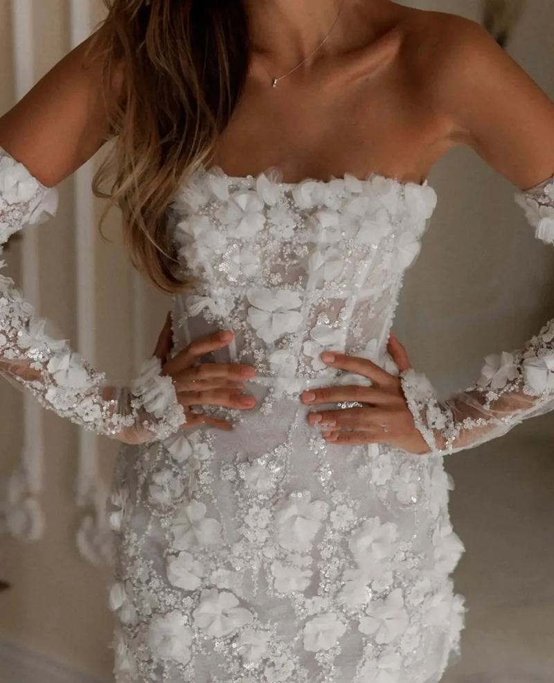 Sheath Lace Mini Short Wedding Dresses D Floral Appliques Romantic Bridal Gown Strapless Corset Beach Boho Bride Dress Spring Summer Modern Robe De Ma
