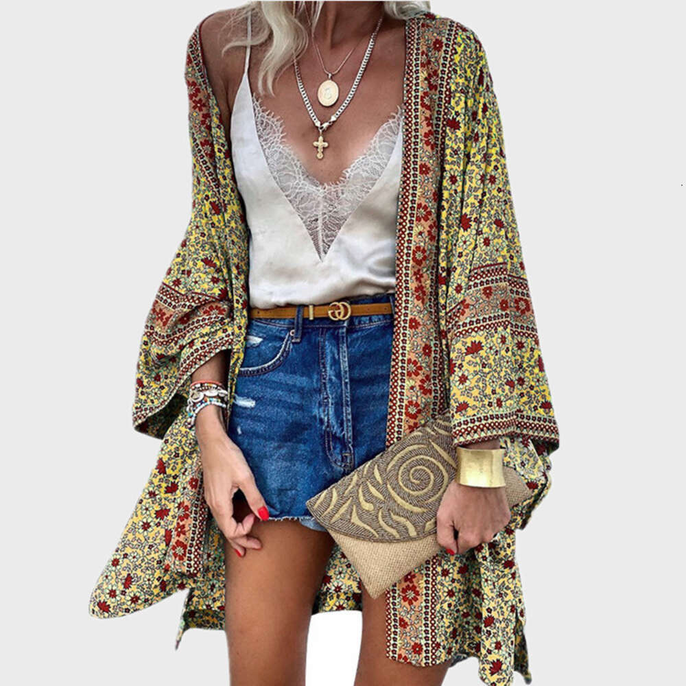 Women's 2024 Summer Thin Loose Bohemian Long Sleeve Printed Mid Length Cardigan Cover Up