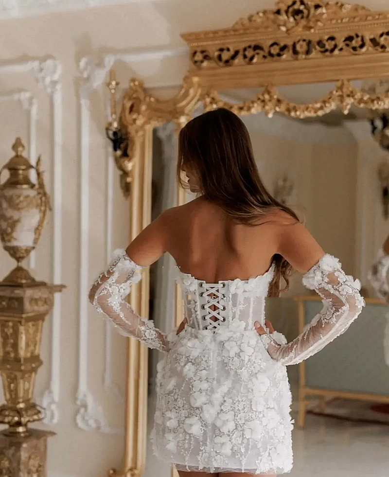 Sheath Lace Mini Short Wedding Dresses D Floral Appliques Romantic Bridal Gown Strapless Corset Beach Boho Bride Dress Spring Summer Modern Robe De Ma