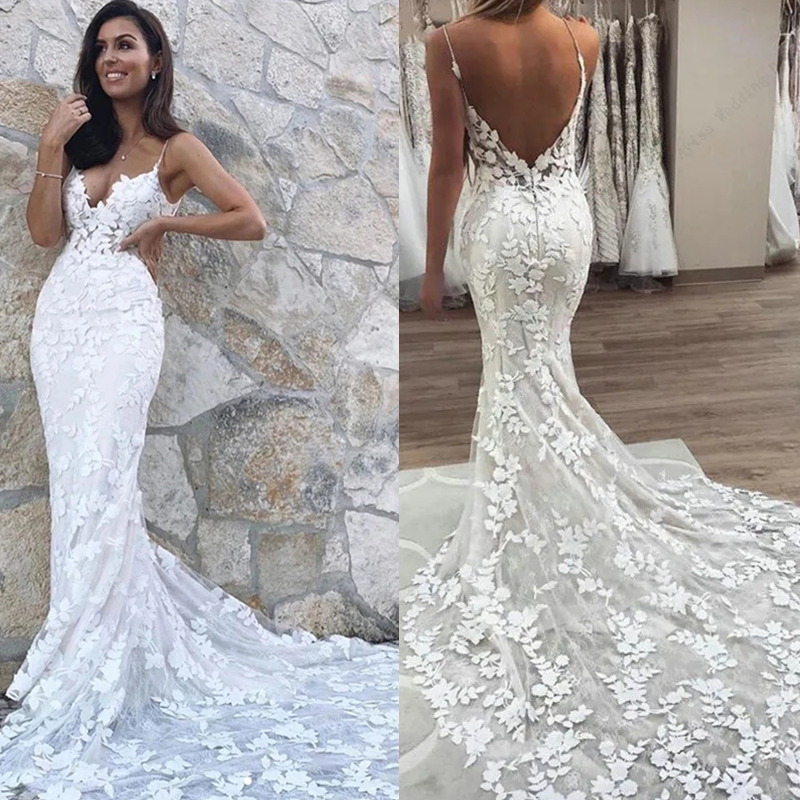 Lace Mermaid Bohemian Wedding Dresses Sexy Backless Spaghetti Long Boho Beach Bridal Gowns Appliques Summer Bride Dress