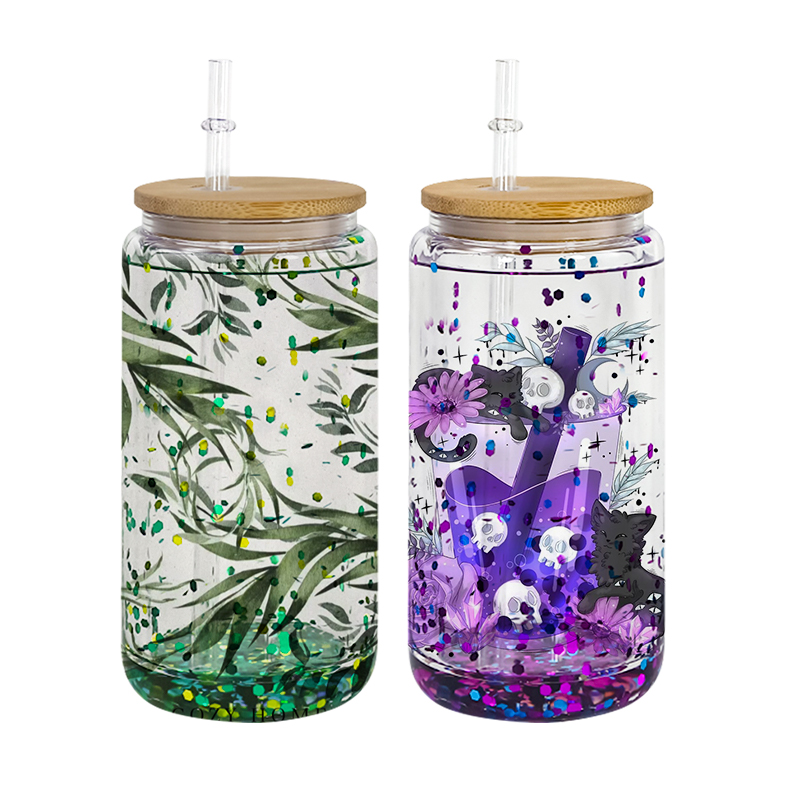 Sublimation 16oz Snow globe tumbler double wall glass tumblers with bamboo lids for Vinyl UV DTF sticker Summer Drinkware Mason Jar drinking cups