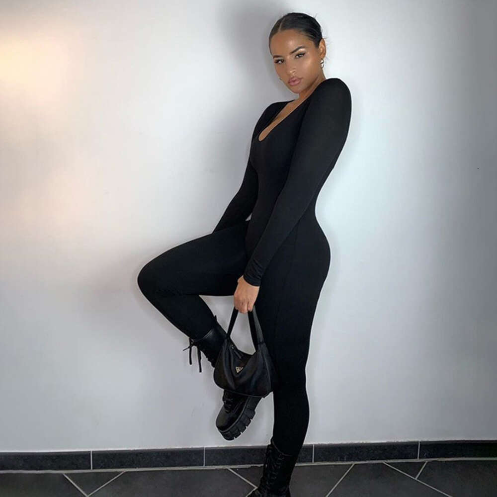 2024 Spring Women's New Low Neck Tight Long Sleeve High Waist Solid Color Sports and Fiess Jumpsuit