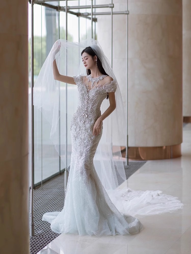 Bohemian diamond Mermaid Wedding Dresses off shoulder 2024 sequined bling plus size Bridal Gowns crystals sweep Train Luxurious Beaded Crystals Mermai