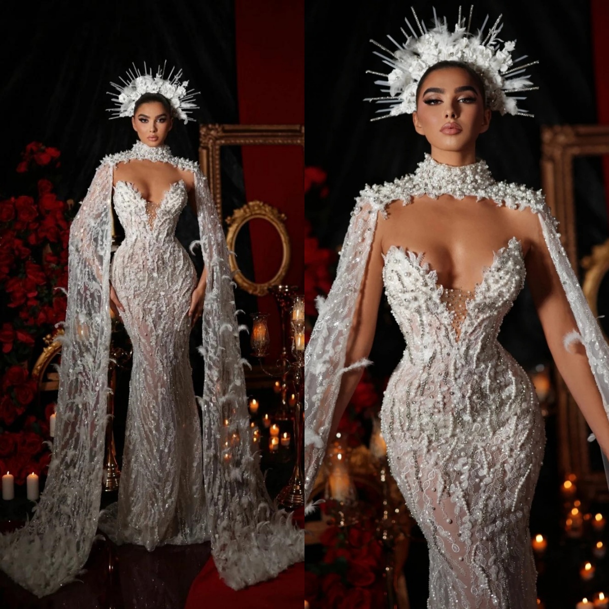 Exquisite Feather Wedding Dresses Pearls Mermaid Bridal Gowns See Through Sleeveless Appliques Illusion Custom Made Vestidos De Novia 0219