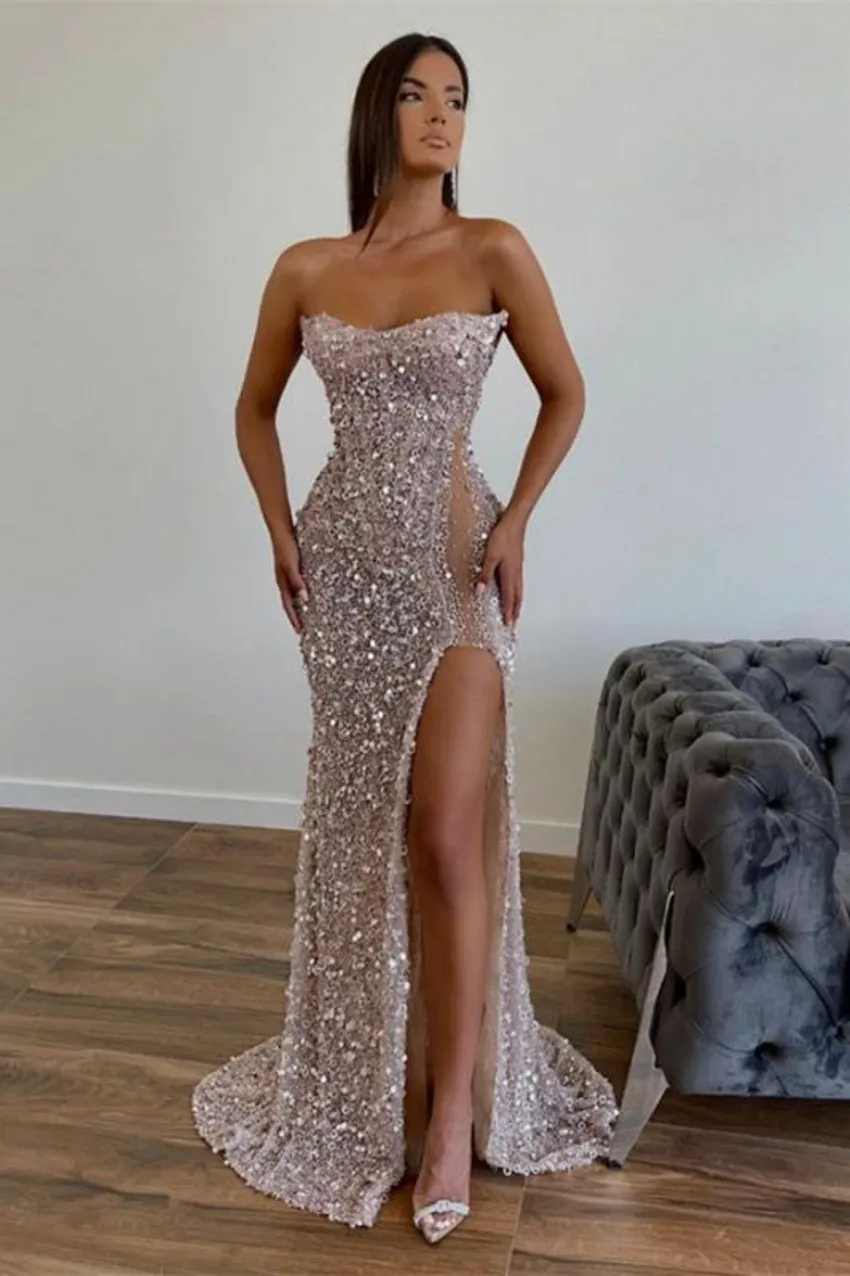 Gorgeous Sequined Split Evening Dresses Sexy Mermaid Strapless Backless Women Long Party Ocn Gowns Prom Dress Lz0304