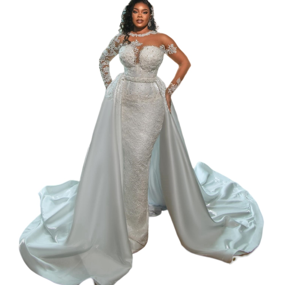 2024 Sexy Arabic Mermaid Wedding Dresses Illusion Jewel Neck Full Lace Appliques Crystal Beads Long Sleeves Overskirts Formal Bridal Gowns Plus Size 0