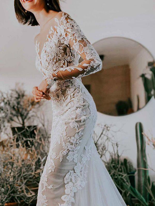 Boho Long Sleeves Mermaid Wedding Dresses Elegant Sheer Scoop Neck Lace Applique Sweep Train Beach Garden Plus Size vestido Backless Bridal Gown de BC
