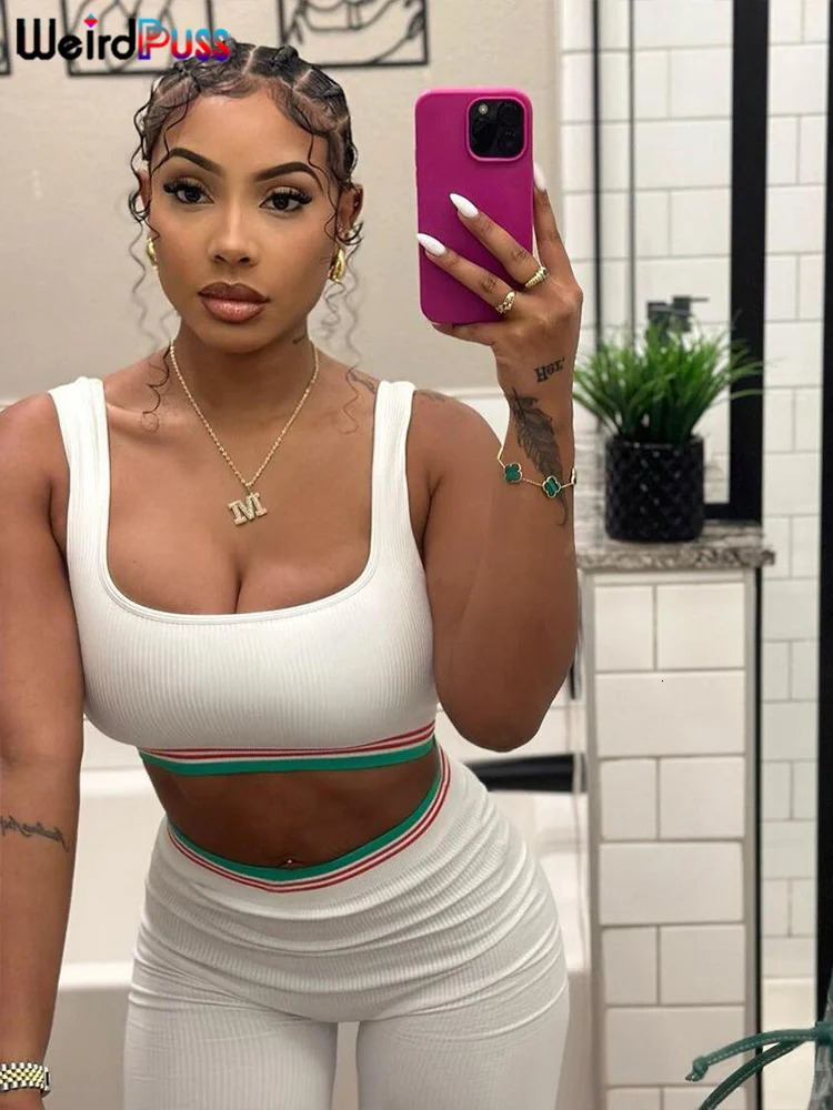 Weird Puss Ribbed Tracksuit Women 2 Piece Set Elastic Summer Sporty Tank TopsLeggings Casual Streetwear Matching Skinny Outfits 240321
