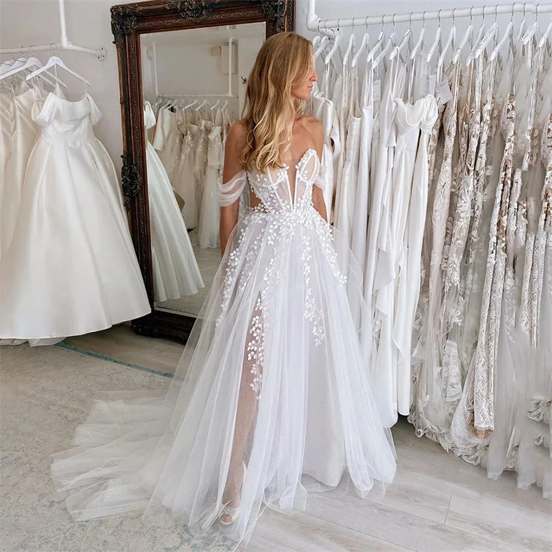 Illusion Lace Sexy Wedding Dresses Boho Tulle Sheer Deep V Neck Off The Shoulder Front Split Beach Bridal Gowns Summer A Line Long Bride Wear
