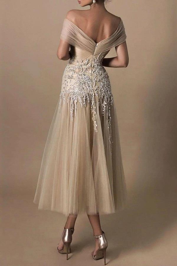 Modest Champagne Tea Length Mothe Dresses Elegant Off Shoulder A Line Backless Appliques Tulle Short Evening Prom Cocktail Gowns Plus Size BC16952