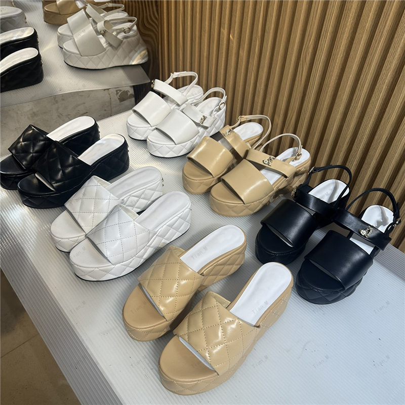 Summer Thick Bottom Open Toe Sandals Slippers slingback metal buckle Genuine Leather Women Solid Color Platform Sandals Ladies High Heel Outdoor