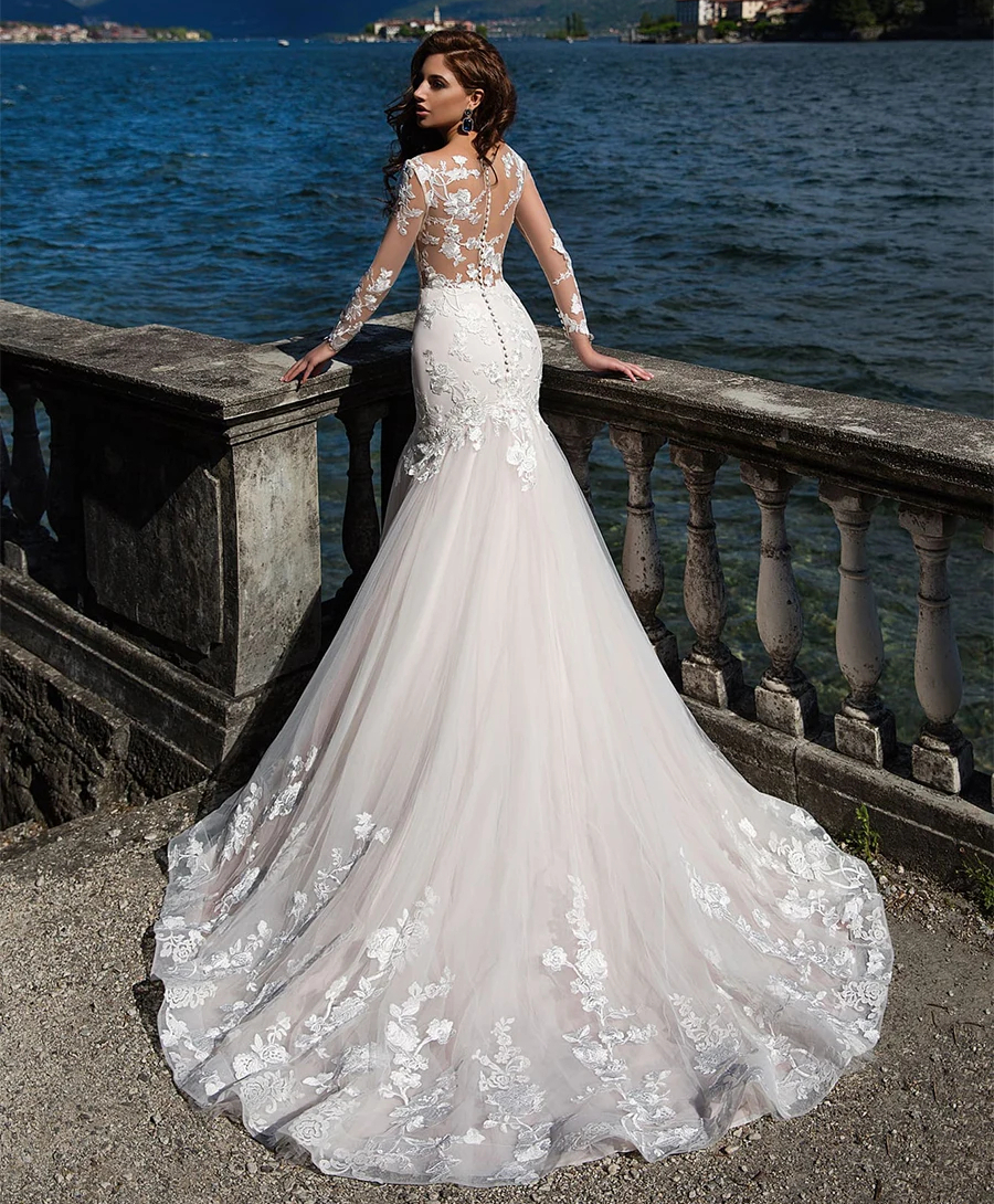 Illusion Beach Sexy Mermaid Wedding Dresses Long Sleeves Lace Appliques Vestido De Noiva Sweep Train Tulle Arabic Bridal Gowns