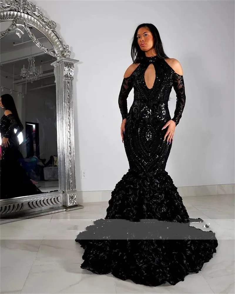 Neck Sexy High Long Prom For Black Girls Sparkly Sequined Birthday Party Dresses Mermaid Ruffles Evening Gown 0219