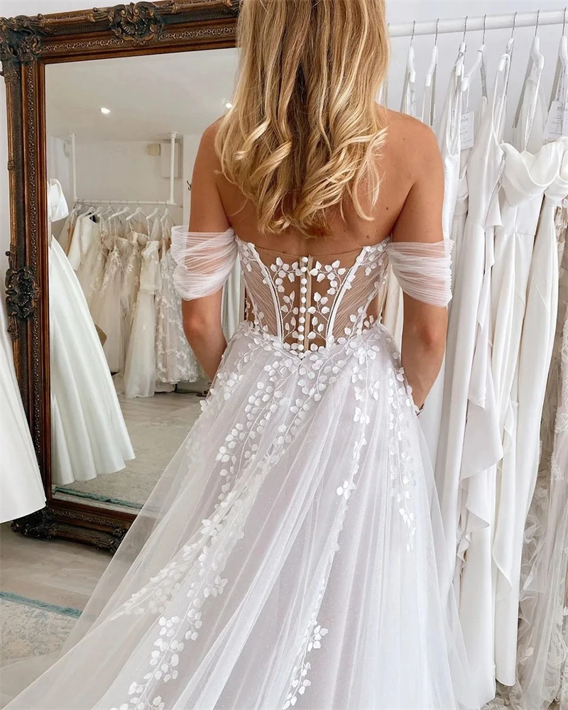 Illusion Lace Sexy Wedding Dresses Boho Tulle Sheer Deep V Neck Off The Shoulder Front Split Beach Bridal Gowns Summer A Line Long Bride Wear