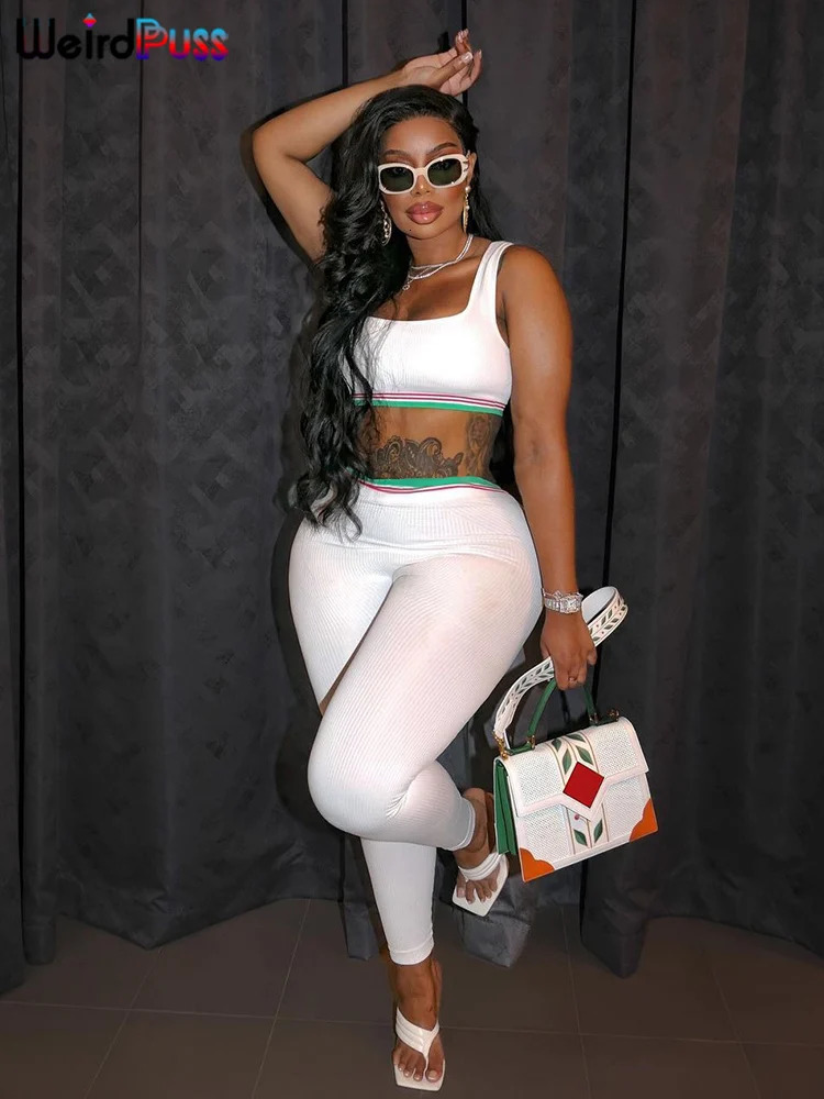 Weird Puss Ribbed Tracksuit Women 2 Piece Set Elastic Summer Sporty Tank TopsLeggings Casual Streetwear Matching Skinny Outfits 240321