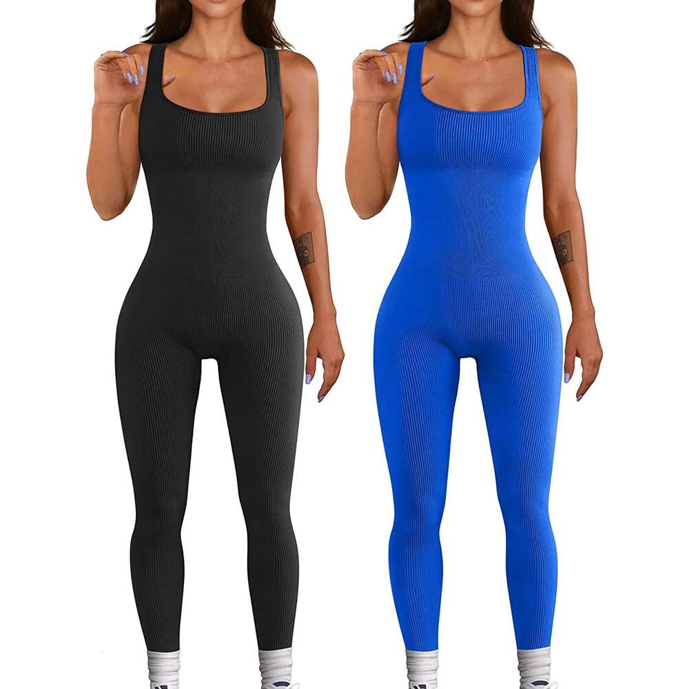 2024 Summer Sexy Women's Yoga Ribbed Square Neck Sleeveless Sports Jumpsuit Pants