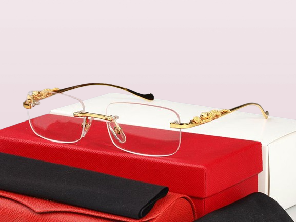 luxury designer sunglasses Eyeglasses frames temples with panther heads Metal Frameless Full Rim Semi Rimless rectangular shape fo