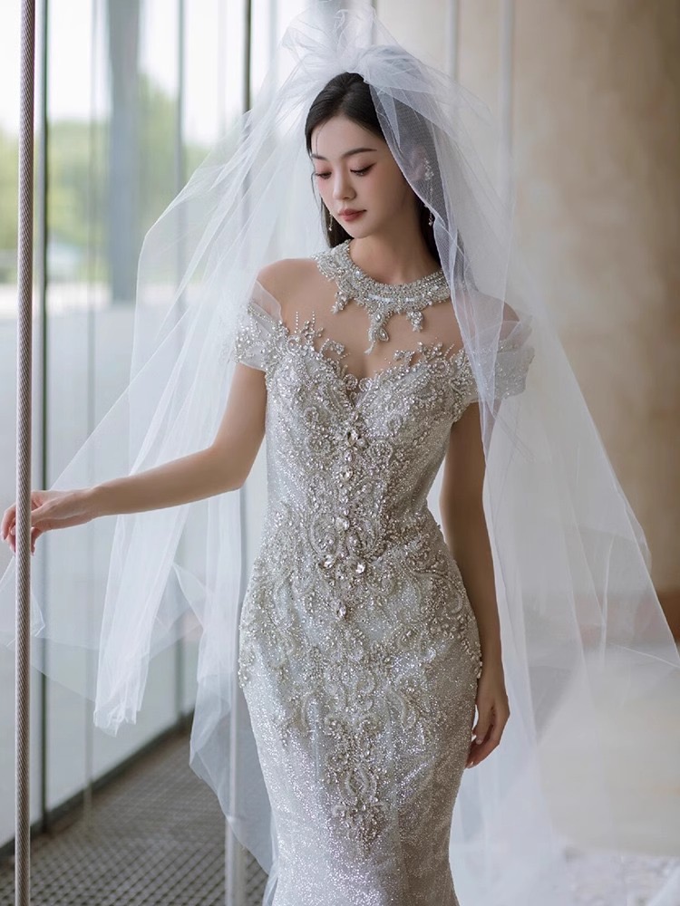 Bohemian diamond Mermaid Wedding Dresses off shoulder 2024 sequined bling plus size Bridal Gowns crystals sweep Train Luxurious Beaded Crystals Mermai