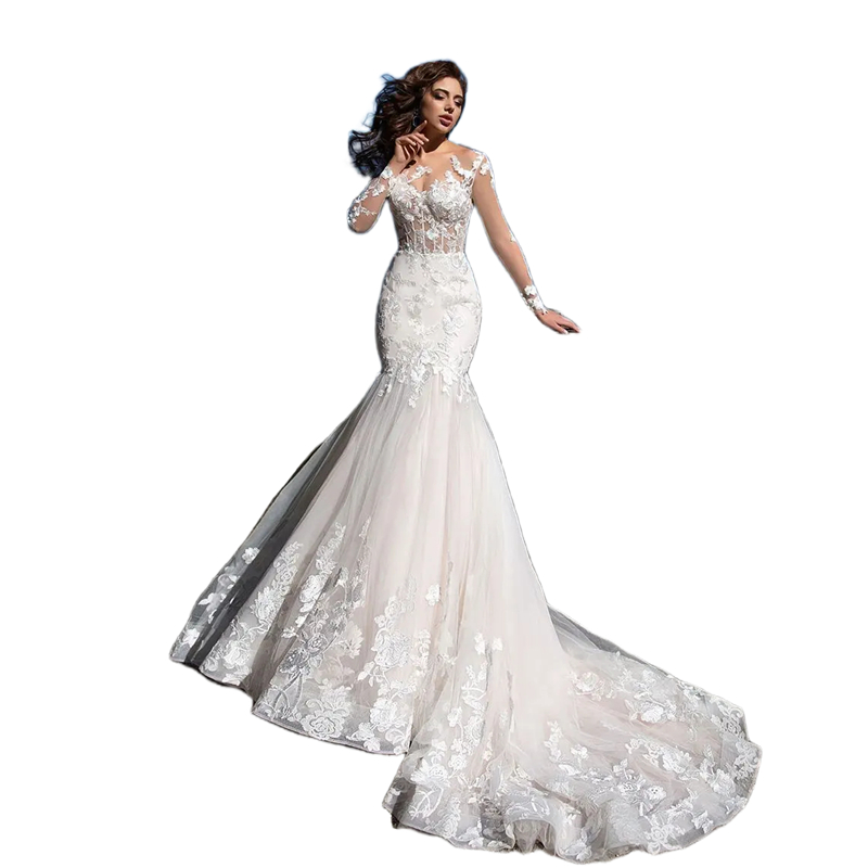 Illusion Beach Sexy Mermaid Wedding Dresses Long Sleeves Lace Appliques Vestido De Noiva Sweep Train Tulle Arabic Bridal Gowns