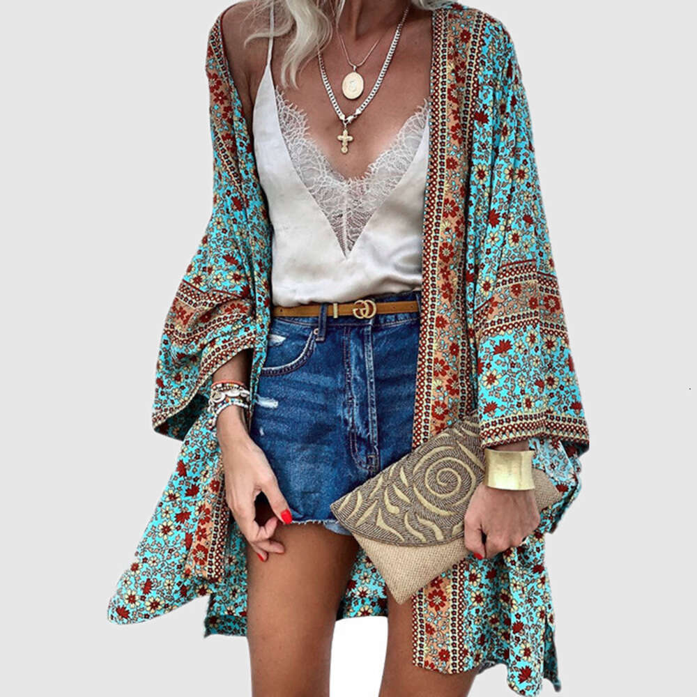Women's 2024 Summer Thin Loose Bohemian Long Sleeve Printed Mid Length Cardigan Cover Up