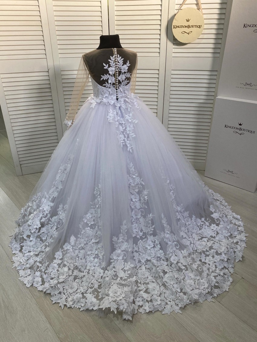 Princess Champagne Lace Flower Girl Dresses Sheer Long Sleeves Appliques Long Girls Pageant Gowns Formal Kids Birthday Party Communion Dress Custom Ma