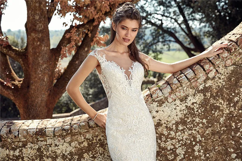 Sexy Beach Boho Full Lace Mermaid Sheer Neck Illusion Button Back Bohemian Wedding Dresses Bridal Gowns Bc1800