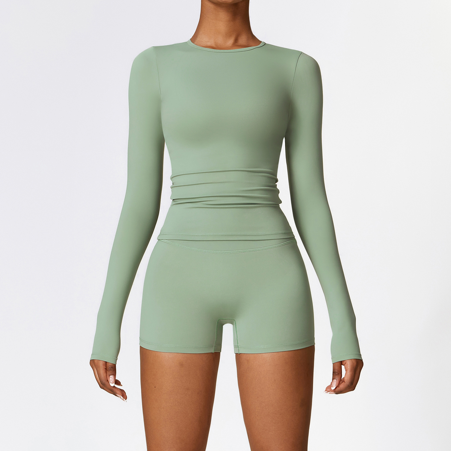 Women Yoga Set Running Two Piece Long Sleeve Shirt + Short With Fiess Pant Shorts Bt41515