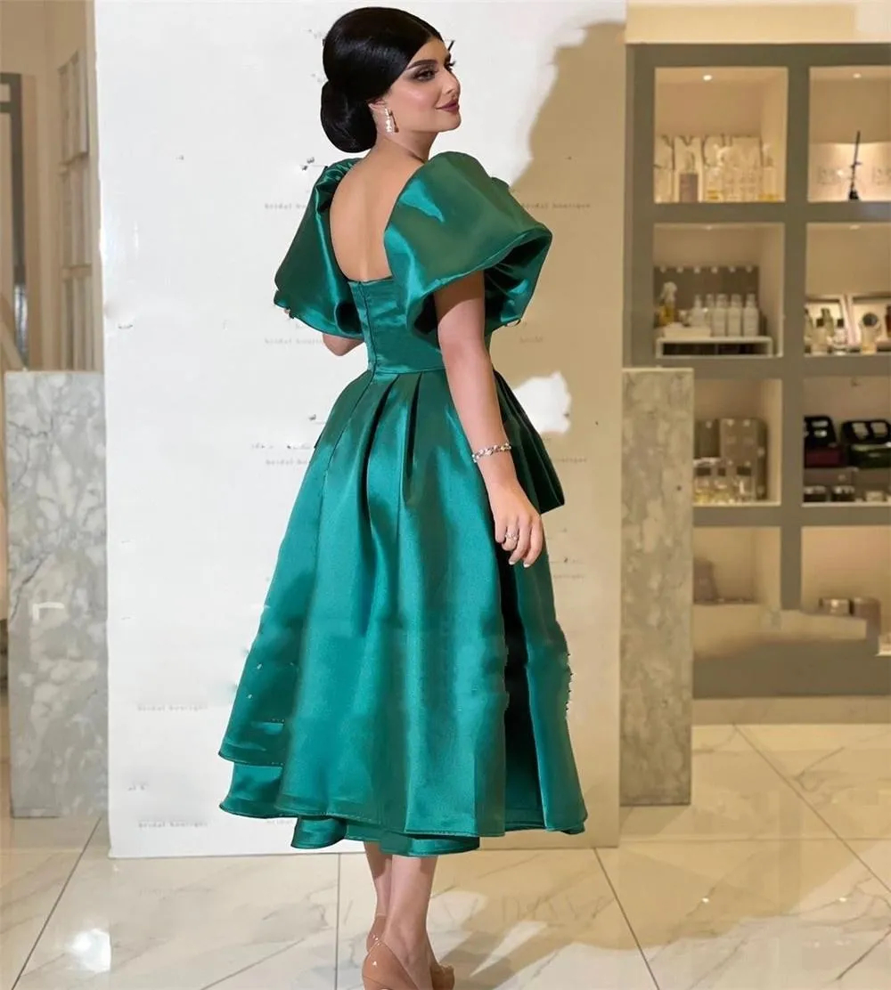 Elegant Saudi Arabia Tea Length Prom Dresses Puff Short Sleeves Hunter Satin A Line Dubai Draped Pleats Graduation Homecoming Dress Special Occasion G