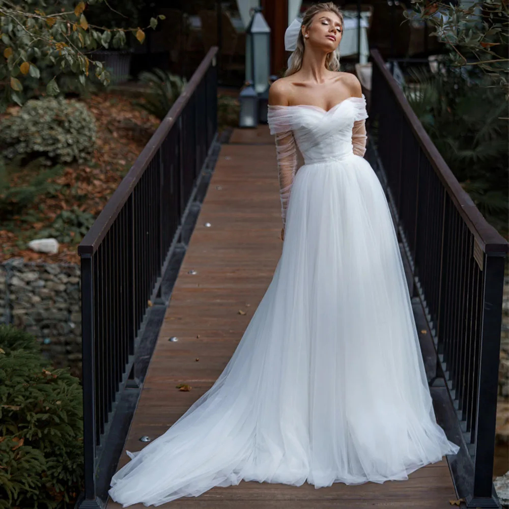 A Simple White Tulle E Wedding Dresses With Detachable Wrap Off The Shoulder Long Sleeves Pleats Sweetheart Boho Bridal Gowns Sweeart Lz0304