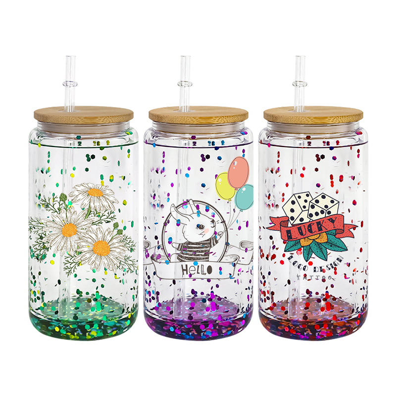 Sublimation 16oz Snow globe tumbler double wall glass tumblers with bamboo lids for Vinyl UV DTF sticker Summer Drinkware Mason Jar drinking cups