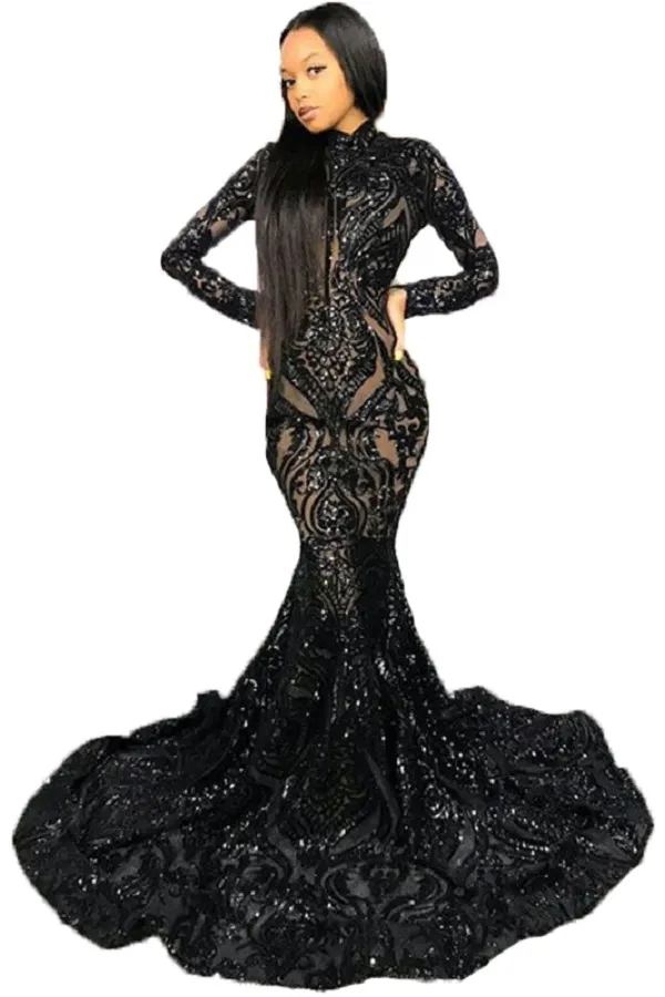 Neck High Shiny Appliques Black Girl Prom Dresses Mermaid Long Sleeve Evening Gowns