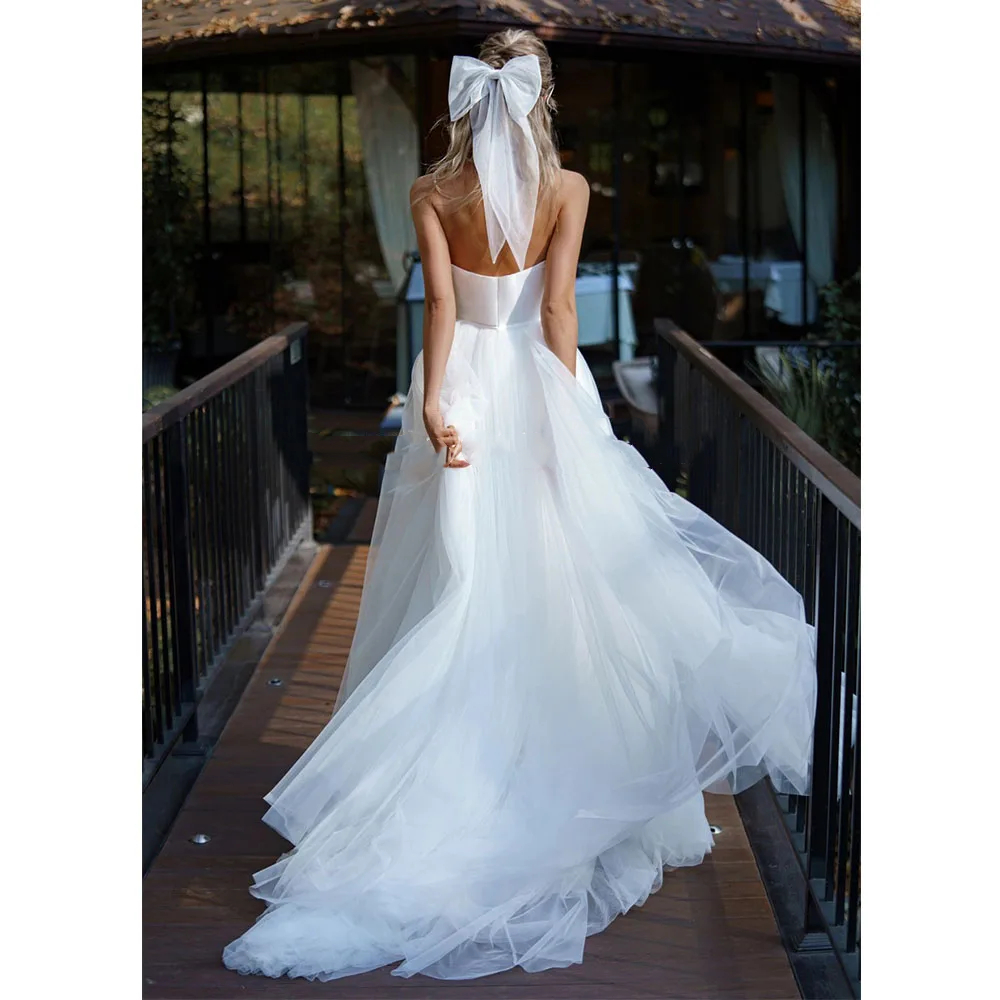 A Simple White Tulle E Wedding Dresses With Detachable Wrap Off The Shoulder Long Sleeves Pleats Sweetheart Boho Bridal Gowns Sweeart Lz0304