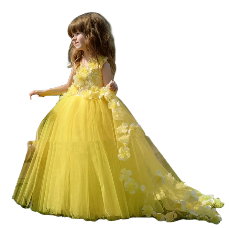 Yellow Princess Flower Girls Dresses 3D Floral Appliques Birthday Party Dress Kids formal Wear With Court Train Sleeveless Toddler A Line Tulle Weddin