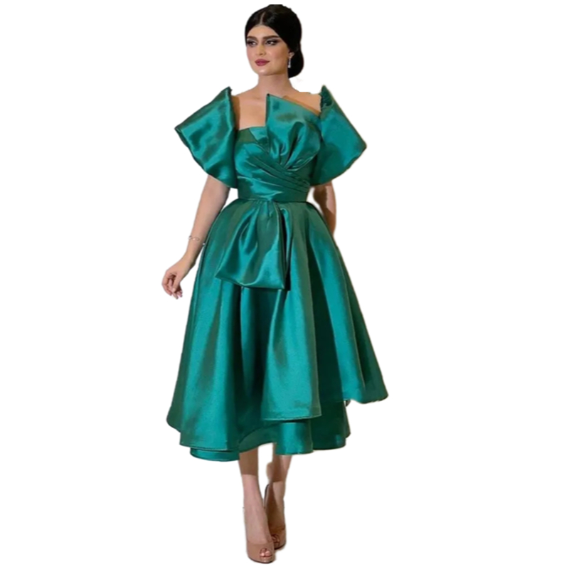 Elegant Saudi Arabia Tea Length Prom Dresses Puff Short Sleeves Hunter Satin A Line Dubai Draped Pleats Graduation Homecoming Dress Special Occasion G