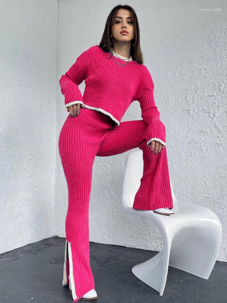 Women's Two Piece Pants Tracksuits Split Up Pullover Sweater Wide Leg Suit 2024 Autumn Casual Elegant Streetwear Color Block Knitted Women