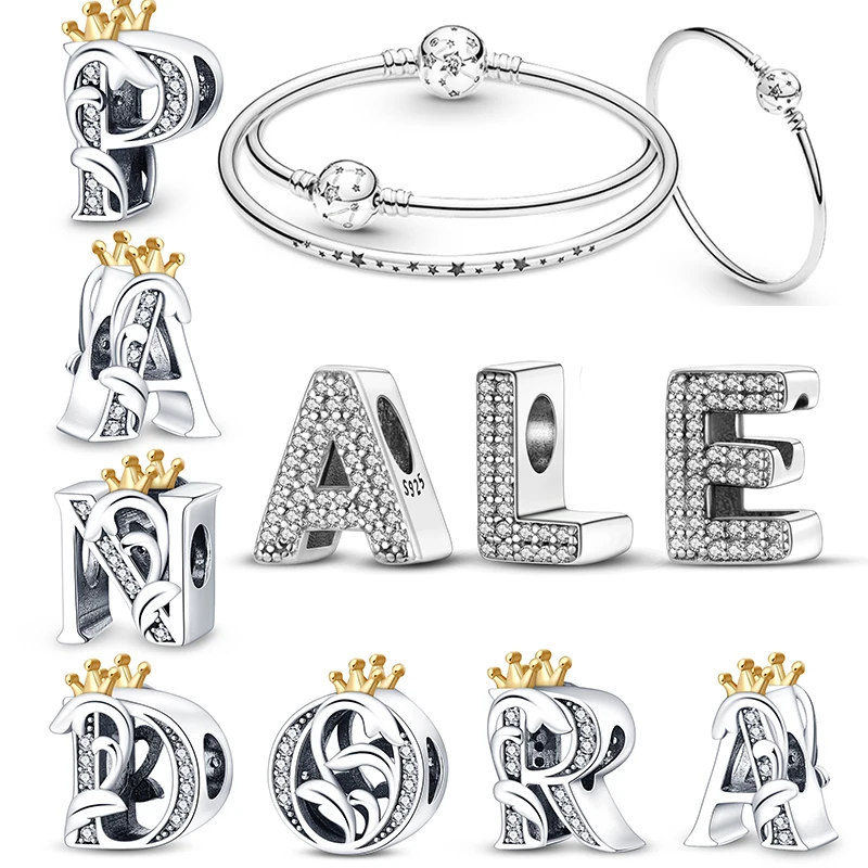 26 A-Z Alphabet Beads 925 Sterling Silver LOVE Letter Charms Fit Original Charms Bracelet Bangle CZ Zircon Beads Jewelry