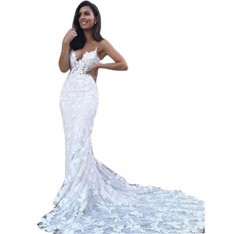 Lace Mermaid Bohemian Wedding Dresses Sexy Backless Spaghetti Long Boho Beach Bridal Gowns Appliques Summer Bride Dress