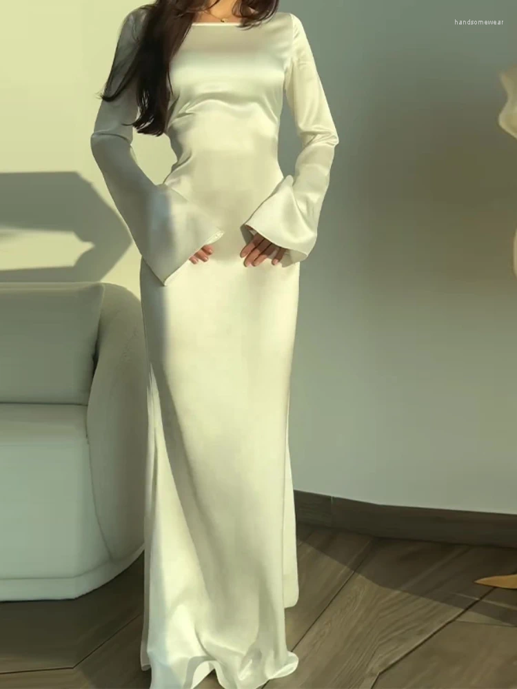 Casual Dresses Long Fashion Simple Round Neck Satin Flare Sleeve Lace Up Slim Evening Party Sexy Dress